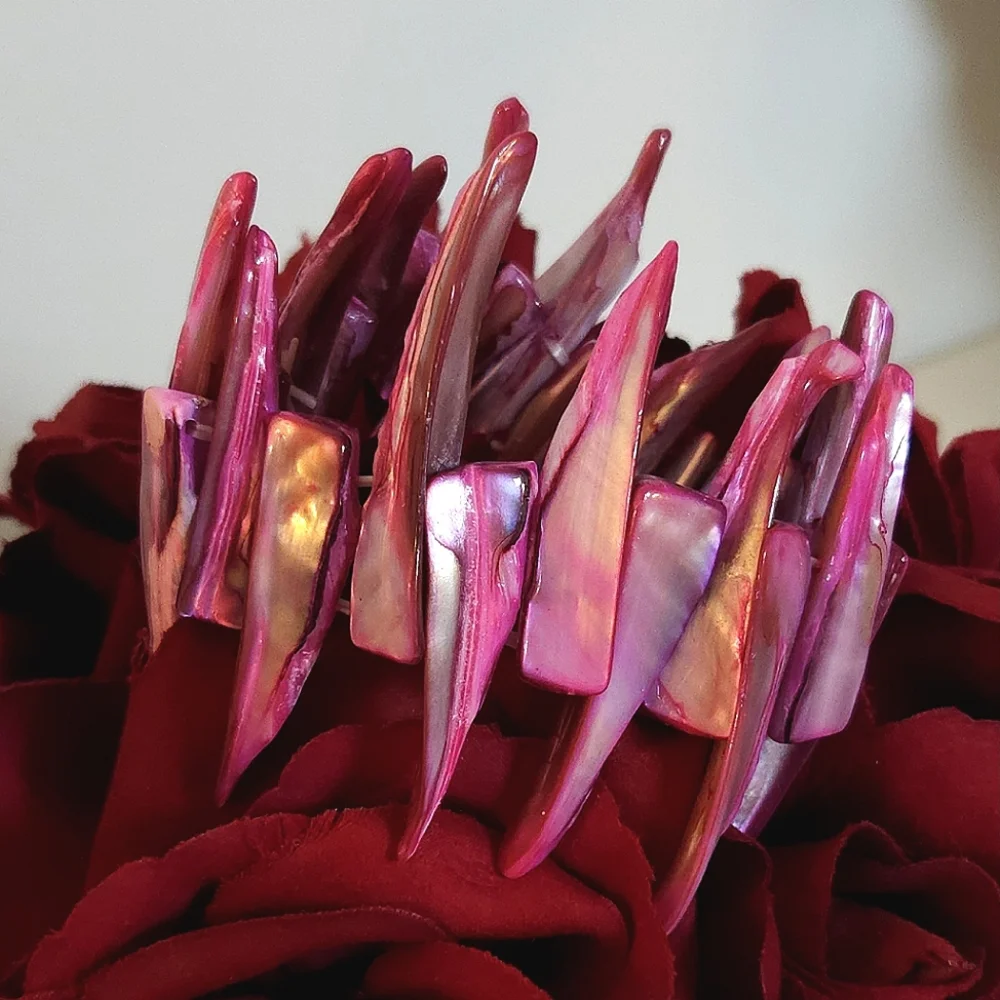 Pink Mother of Pearl Spikey Shell Stretch Bracelet HOT Pink Statement Bracelet